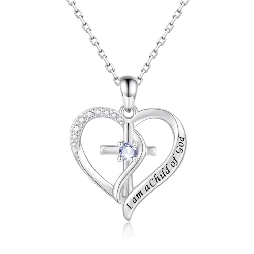 925 Sterling Silver I Am a Child of God Scripture Pendant with Birthstone Heart Cross Communion Necklace for Women Christian Faith Jewelry Gift - color: June