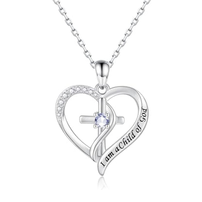 925 Sterling Silver I Am a Child of God Scripture Pendant with Birthstone Heart Cross Communion Necklace for Women Christian Faith Jewelry Gift - color: June