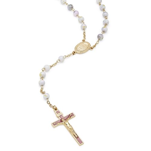 Mondo Cattolico Rosary Beads catholic for Women and Men from Vatican, Miraculous Virgin Rosary with Variegated Glass on a Gold Plated Brass Chain - Perfect Catholic gifts - color: Gold, Pink, White