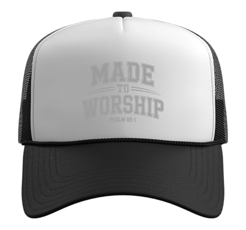Made to Worship The Lord God Bible Christian Faith Trucker Hat with Adjustable Mesh Back - color: Black/White