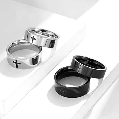Men's Cross Ring Black/Silver Christian Wedding Band Stainless Steel - color: 6mm,silver
