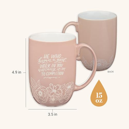 Christian Art Gifts Large Scripture Ceramic Novelty Coffee Mug for Women - color: Pink & White Floral/Began a Good Work