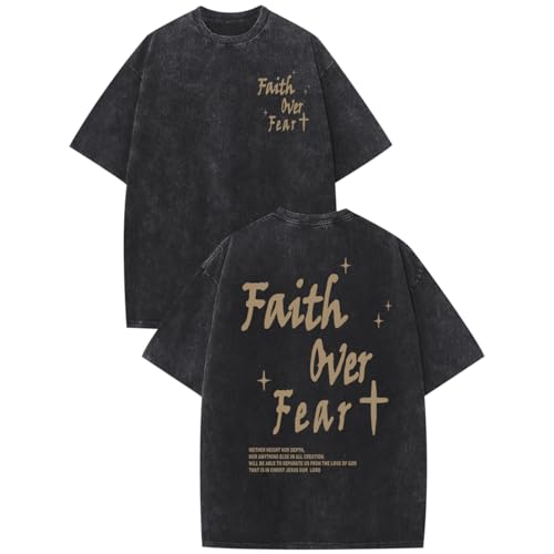 Christian Shirts for Men Faith Over Fear Acid Wash Tshirts Faith Religious Tees God Bible Verse Inspirational Tops - color: Black1, size: Small