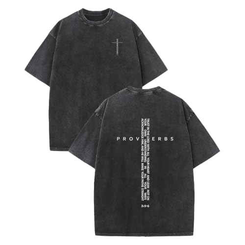 Proverbs 3:5-6 Faith Oversized T Shirt Vintage Acid Wash Double Sided Christian Graphic Tee - color: Black, size: Medium