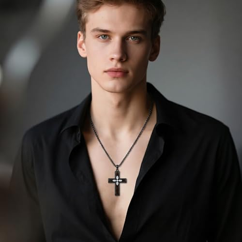 Cross Necklace for Men 925 Sterling Silver Cross Ebony Wooden Ankh Raven Praying Hands Crucifix Amulet Religious Jewelry Gifts for Men Women - color: Cross17