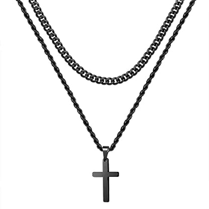Ursteel Layered Cross Necklaces for Men - 18K Gold Plated Cross Necklaces Chain for Men Boys Gifts, Silver Rope Chain Layered Necklace Jewelry 16 18 20 22 24 Inch, First Communion Gifts for Boys - color: Black, style: 20inch/22inch