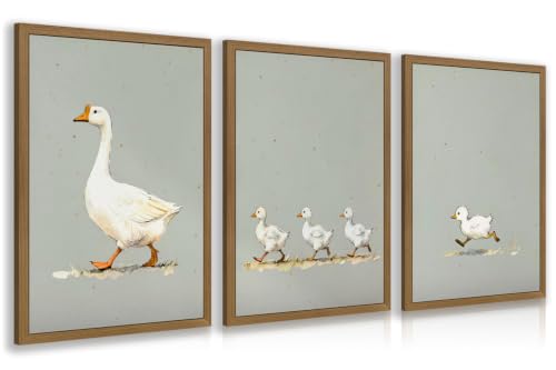 Dynazo Wood Framed Funny Goose Wall Art Set of 3, Rustic Farmhouse Animal Wall Decor, Neutral Cottagecore Poster Prints, Vintage Country Waterfowl Geese Artwork for Kitchen Nursery 12x16 Inch - color: Goose, size: 16"L x 12"W