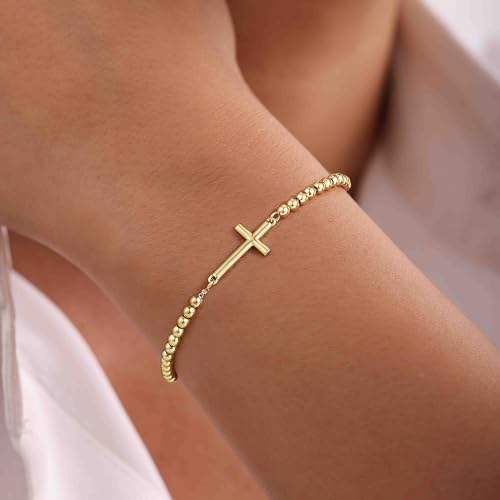 Moodear Cross Bracelet for Women, Dainty Sterling Silver/Gold Plated Gift - color: Bead Gold Cross Bracelet