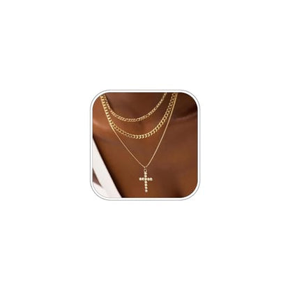 Sterling Silver Cross Necklace for Women Girls Dainty Gold Necklace Stack Non Tarnish Layered Necklaces CZ Cross Pendant Choker Figaro Box Chain Link Layering Stackable Necklaces Trendy Jewelry Gift - color: Gold