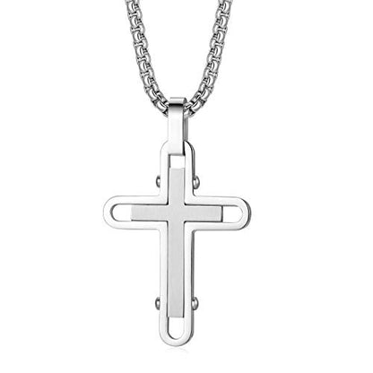Holizaly Men's Cross Necklace 316L Stainless Steel Pendant White/Gold/Black/Blue Rolo Chain-Gift Box Included - color: Silver-A