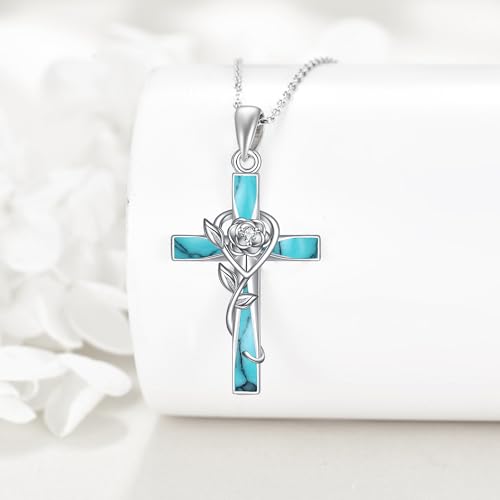ONEFINITY Cross Necklace 925 Sterling Silver Cross Pendant Religious Jewelry Gifts - style: turquoise rose cross