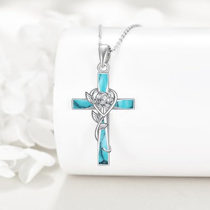 ONEFINITY Cross Necklace 925 Sterling Silver Cross Pendant Religious Jewelry Gifts - style: turquoise rose cross
