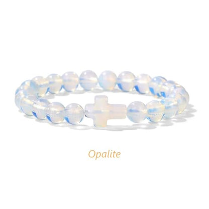 8mm Gemstone Cross Bracelet for Women Men – Stretch Beaded Faith Bracelet with Sideways Cross (Multiple Colors) - style: Opalite