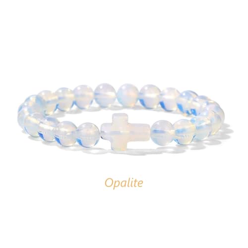 8mm Gemstone Cross Bracelet for Women Men – Stretch Beaded Faith Bracelet with Sideways Cross (Multiple Colors) - style: Opalite