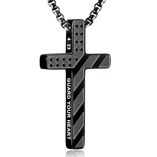 RWQIAN American Flag Cross Necklace for Men,Stainless Steel Bible Verse Cross Pendant Mens Chain,Crucifix Necklace for Christians Teen Baptism Gift Ideas Catholic Men Cool Stuff Personalized Gifts - color: Black, style: Proverbs 4:23