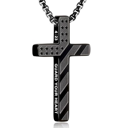 RWQIAN American Flag Cross Necklace for Men,Stainless Steel Bible Verse Cross Pendant Mens Chain,Crucifix Necklace for Christians Teen Baptism Gift Ideas Catholic Men Cool Stuff Personalized Gifts - color: Black, style: Proverbs 4:23