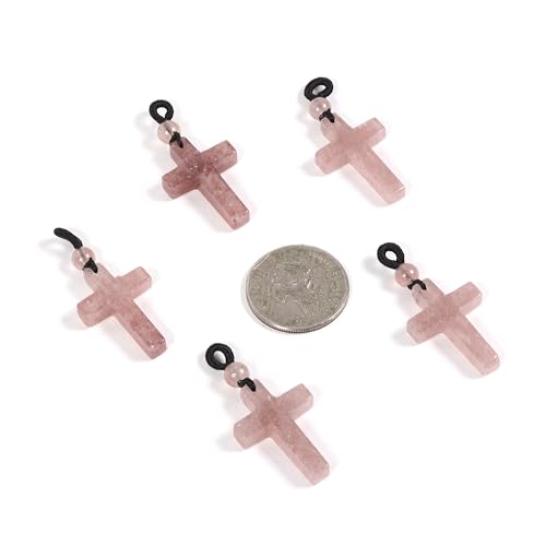 Justinstones Natural Gemstone Carved Cross Reiki Chakra Pendant Necklace 22 Inch - color: 30mm Strawberry Quartz