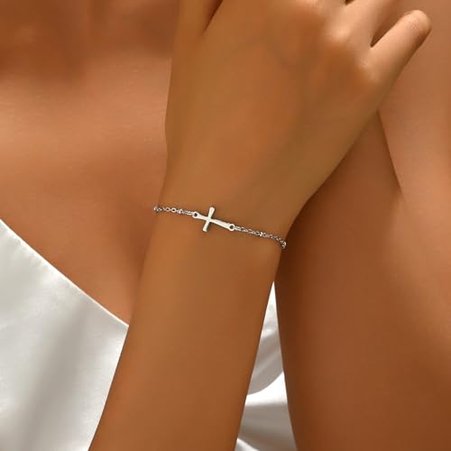 18K Gold Plated Pearl Beaded Cross Bracelets for Women Adjustable - color: Satellite Cross-White Gold