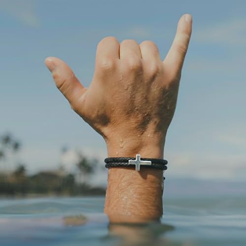 Rowdy Parrot FlexTech Adjustable Silicone Braided Rope Bracelet for Men - Waterproof, Sweatproof, One Size Fits All - Featuring Religious Christian Jesus Cross Design - color: Black Sand | Tarpon Silver