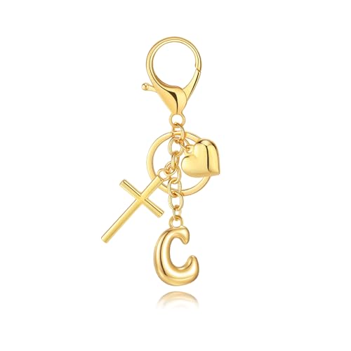 Initial Bag Charms Keychains Women, Cross Cute Heart Letter Key Chain Purse Backpack Handbags Keychain Christian Gift - color: Gold C