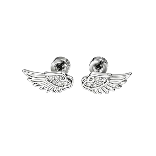 Angel Wing Earrings for Women Statement Flat Back Cartilage Stud Earrings Trendy Angel Wing Helix Piercing Stud Silver Cubic Zirconia Earring Jewelry Accessories - color: Silver