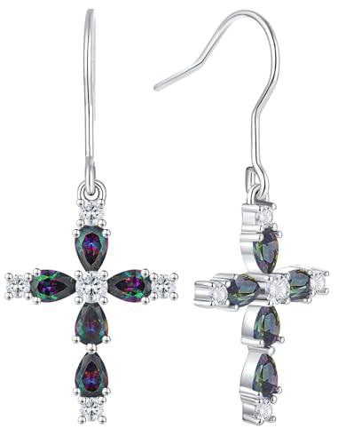 YL 925 Sterling Silver Cross Dangle Earrings Halo Birthstone Hook Earrings Religious Jewelry for Women - color: 6-alexandrite-Jun