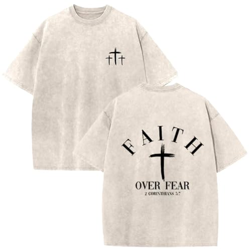Christian Faith Over Fear Shirt for Men Cross God Oversized T-Shirt Inspirational Jesus Religious Short Sleeve Tops - color: Khaki, size: Large
