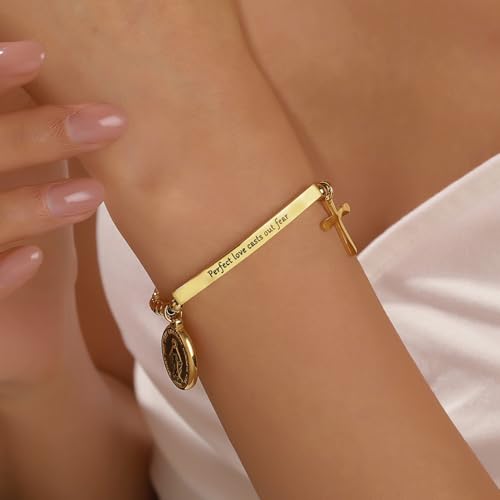 DS Women Christian Charm Bracelet,Cross Scripture Stainless Steel Jewelry - style: Perfect love casts out fear.-Gold