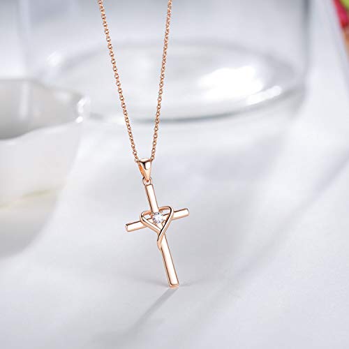AmorAime 925 Sterling Silver Cross Necklace for Women Men 14K Gold Plated 5A CZ Birthstone Necklaces for Holiday - color: M-Rose Gold