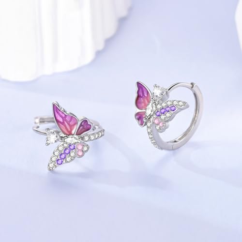 LAZA 925 Sterling Silver Earrings for Women Huggies Hoop Gold Earrings - color: pinkish-purple Butterfly Earring