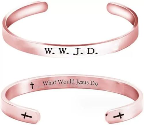 Pingyongchang 1Pcs WWJD Stainless Steel Prayer Bangle Cuff Open Bracelets What Would Jesus Do Engraved Cross Bible Verse Bracelet Women Men Inspirational Religious Christian Jewelry - color: Rose Gold