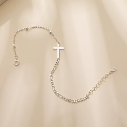 925 Sterling Silver Sideway Cross Charm Link Bracelet for Women - color: Silver