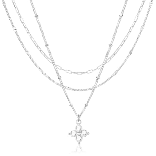 3PCS Gold Silver Layered Necklaces for Women Trendy - color: Silver&Four Clover