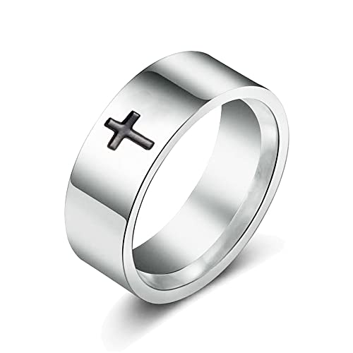 COLORFUL BLING 6MM Simple Polished Engraved Cross Stackable Ring Stainless Steel Silver Christian Cross Ring Sideways Religious Wedding Band Jewelry