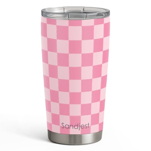 SANDJEST Checkered Tumbler 20oz Stainless Steel Insulated, Checker Travel Coffee Cup, Bow Gifts for Women Girls Teen, Birthday Christmas (Pink) - color: Checker (Pink)