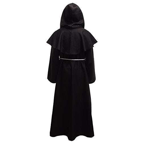BLESSUME Friar Hooded Robe Monk Renaissance Priest Halloween Medieval Role Play Costume - color: Black Cowl Hat+robe+ Waist Rope+necklace, size: Medium