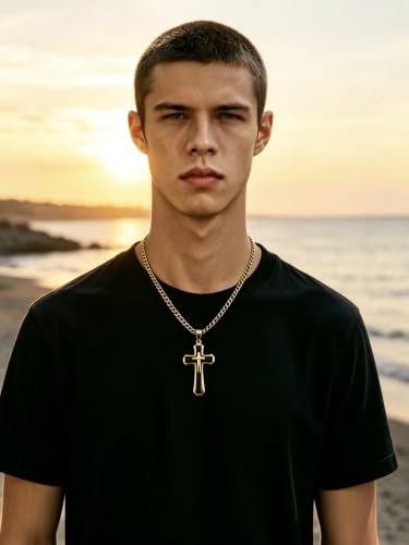 Men's Layered Cross Pendant Necklace, 2.1x1.2 inch Religious Charm, 21.6" 5mm Stainless Steel Cuban Chain, 18K Gold & Black Plated, Bonus 23.6" Square Pearl Chain, Marble Gift Box for Dad - color: Gold & Black