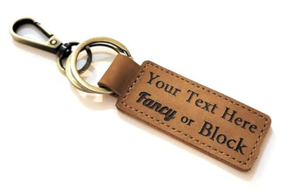 Custom Text Leather Keychain, Bronze Key Ring and Clip