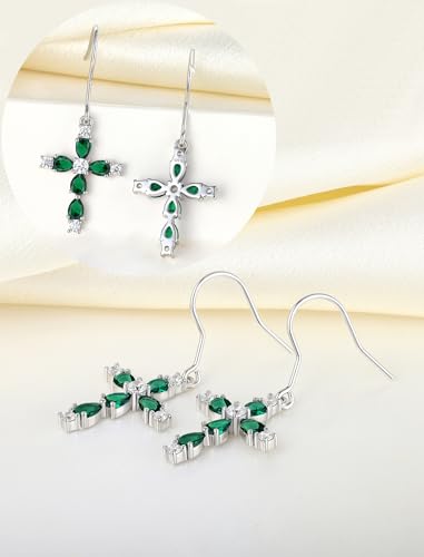 YL 925 Sterling Silver Cross Dangle Earrings Halo Birthstone Hook Earrings Religious Jewelry for Women - color: 5-emerald-May