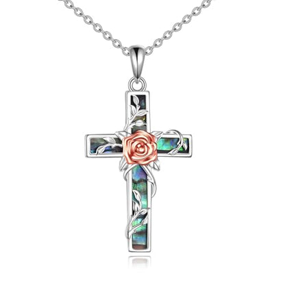 YFN Cross Necklace Sterling Silver Religious Cross Pendant Jewelry Christian Gifts for Women Men - style: F. Rose Flower