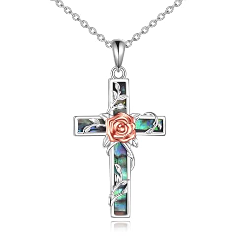 YFN Cross Necklace Sterling Silver Religious Cross Pendant Jewelry Christian Gifts for Women Men - style: F. Rose Flower