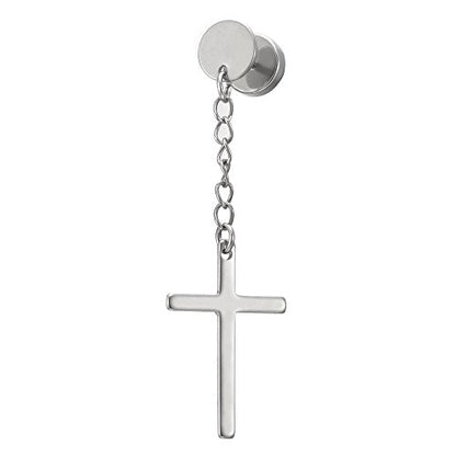 Pair Circle Screw Stud Earrings with Dangle Cross for Men Women, Stainless Steel, Screw Back - color: B-Metal Color:Silver