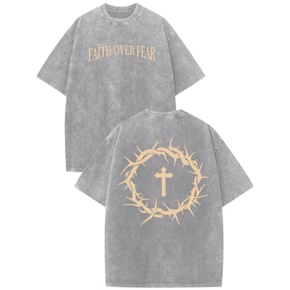 Mens Faith Over Fear Christian Shirts Jesus God Religious Bible Verse Cross Tshirt Oversized Acid Wash Graphic Tees - color: Light Gray, size: Medium
