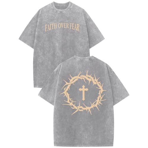Mens Faith Over Fear Christian Shirts Jesus God Religious Bible Verse Cross Tshirt Oversized Acid Wash Graphic Tees - color: Light Gray, size: Large
