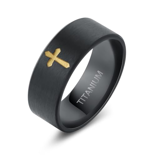 Cross Rings for Men, Premium Pure Titanium Rings for Men Lord Jesus Christian 8MM Black Silver Mens Wedding Ring Comfort Fit Matte Size 6-13 - color: Black