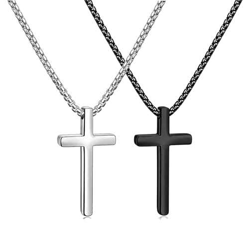 Meetuo 2 Pcs Cross Necklace for Men, Silver and Black High Polished Shinny Cross Necklaces Stainless Steel Cross Pendant Chain, Box Chain