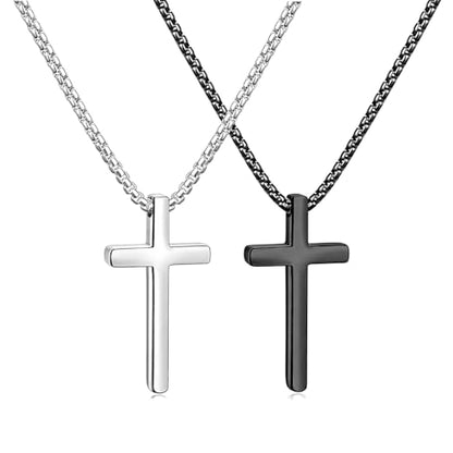 Meetuo 2 Pcs Cross Necklace for Men, Silver and Black High Polished Shinny Cross Necklaces Stainless Steel Cross Pendant Chain, Box Chain