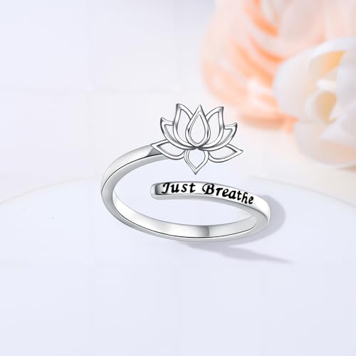 ROMANTICWORK Just Breathe Ring 925 Sterling Silver Cross/Lotus/Dandelion Adjustable Opening Ring Inspirational Jewelry for Women Birthday Christmas Gifts - style: Lotus