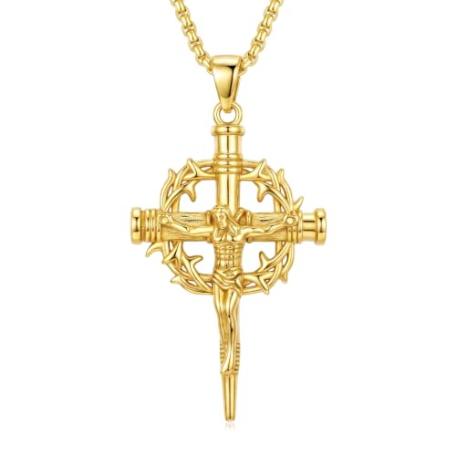 14K Gold Plated Cross Pendant Necklace Christian Jewelry Religious Gift - color: B05-Nail Jesus Cross Gold