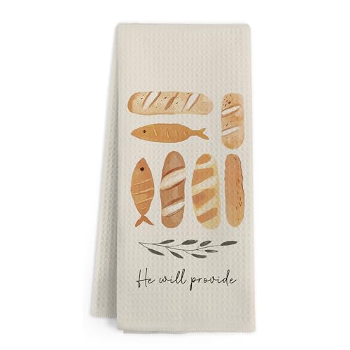 Christian Fish and Loaves Kitchen Towels, Jesus Feeds The 5000 Hand Towels, Modern Christian Neutral Artful Hand Dish Tea Towel for Kitchen Bathroom Decor, Easter Home Decor, 16x24 Inch - color: Fish